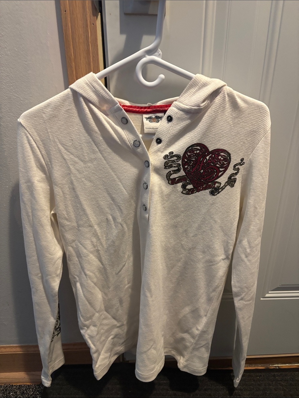 Harley-Davidson Cream Long Sleeve Hooded Henley with Red Heart Graphic - Kids